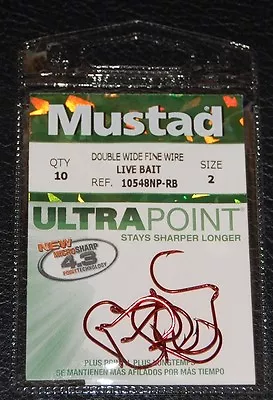  10 Pack Mustad Red 10548NPRB-02 Double Wide KVD Drop Shot Hooks Size 2 • $2.99