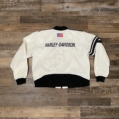 Vintage Harley Davidson Motorcycles White Nylon Bomber Jacket USA Size L 90s • $59