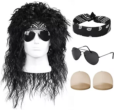 80s Rock Star Wig Set: Mullet Bandana Sunglasses Afro - Costume Accessories • £11.24