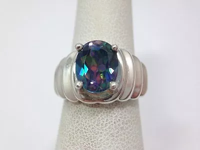 Oval Mystic Fire Blue Rainbow Topaz Modern Shrimp Ring Size 6 Sterling Silver • $50