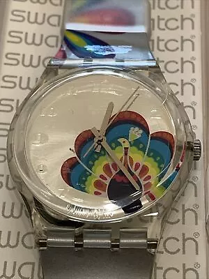 NIB Swatch Watch MAGICAL PARADE GE161 Peacock 35mm Silver New Battery • $56