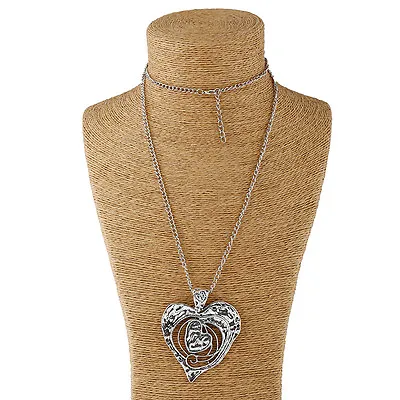 Large Open Hammered Heart Pendant And Long Curb Chain Necklace Silver Lagenlook • £3.84