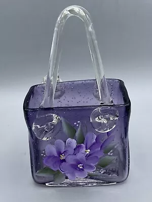 Glass Square Hand Blown And Painted Lavender Purse Vase Spring Decor • $20