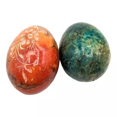 Vintage Hand Carved Alabaster Marble Stone Easter Eggs Green Red Pair 2 Floral • $19.87