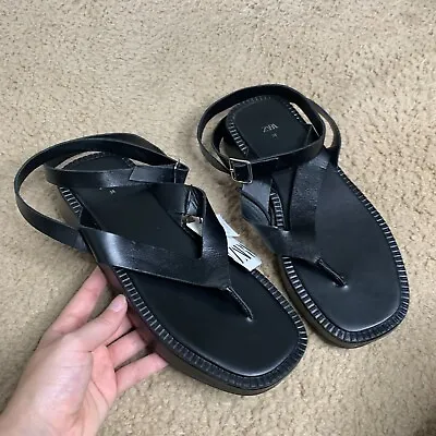 $57.99 • Buy Zara Leather Black Platform Flat Ankle Sandals 39