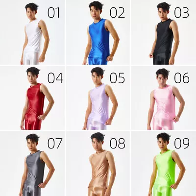 Mens Oily Sport Muscle T-shirt Slim Elastic Tank Tops Vest Undershirt Sleeveless • £12.76