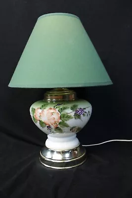 Vintage Hand Painted Glass Lamp W/Green Shade Pretty 2-way Light! • $34.97