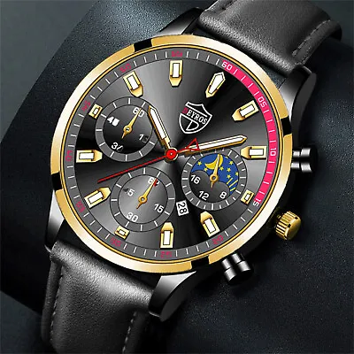 Fashion Sport Men's Stainless Steel Case Leather Band Quartz Analog Wrist Watch • $4.60