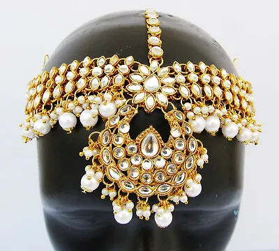 Kundan Gold Tone Pearl Maang Tikka Bollywood Indian Bridal Jewelry Matha Patti • $33.57