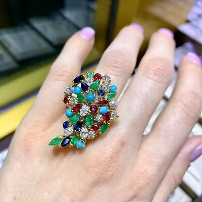 Vintage 14k Yellow Gold Cocktail Multi-color Stone And 1.82 Ct Diamond Ring  • $3300