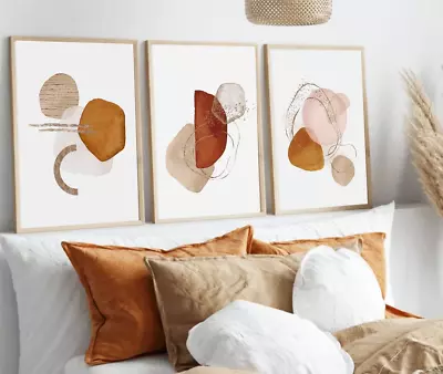 Set Of 3 Terracotta Orange Gold Abstract Watercolor Wall Art Home Decor • £56.01