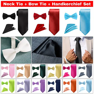 Mens Tie Bow Tie Necktie Pocket Square Handkerchief Set Plain Wedding Birthday • £3.99