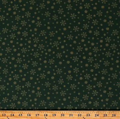 Cotton Metallic Gold Snowflakes On Green Christmas Fabric Print By Yard D400.45 • $12.95