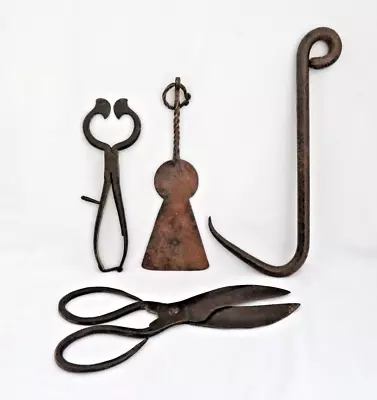 4  Primitive Forged Wrought Iron Tools ~ Scraper Tongs Hay Bale Hook Shears • $79