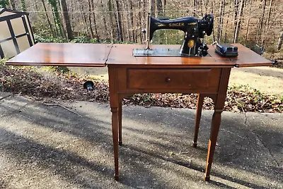 Vintage Singer 15-91 Sewing Machine With Wooden Cabinet W/ Seat & Pedal • $450.99