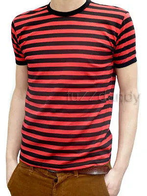 MENS Stripey Tee T-shirt Red Black Indie Mod Sailor NEW Striped Nautical Punk • £16.25