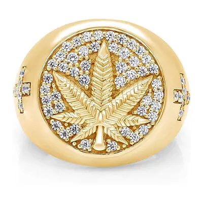 Cannabis Leaf Marijuana Mens Ring Cubic Zirconia 14k Yellow Gold Plated Brass • $18.39