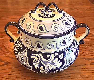 Mexican Art Talavera Pottery Serving Bowl Lid Soup Tureen Blue White Handpainted • $74.99