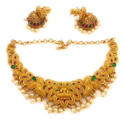 $41.18 • Buy Indian Pearl Bollywood Green CZ Bridal Jewelry Gold Earrings Choker Necklace Set