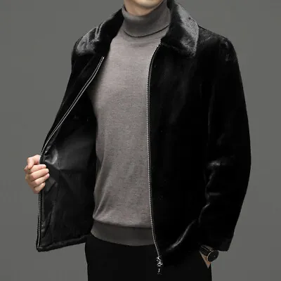 Real Mink Fur Coat Mens Lapel Loose Mink Fur Coat Winter Plush Jacket Black Tops • $174.99