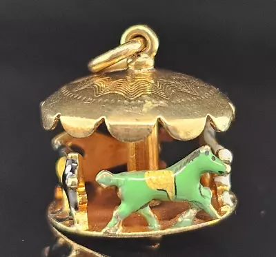 Antique 14K Gold Sloan ~ENAMEL HORSE CAROUSEL~Charm Pendant TURNS Merry Go Round • $389