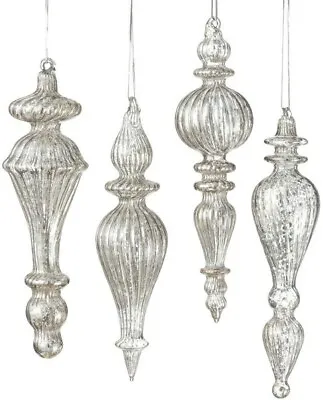 NWT Set 4 SILVER Mercury Lined Ribbed GLASS FINIAL Drop CHRISTMAS Ornaments • $29.95