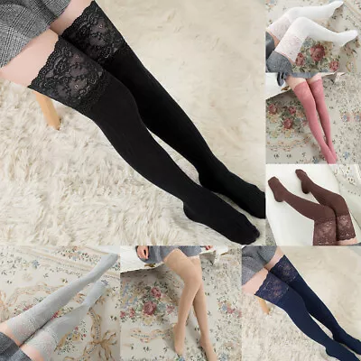 Women Lace Trim Thigh High Over The Knee Socks Long Cotton Warm Stockings • $10.28