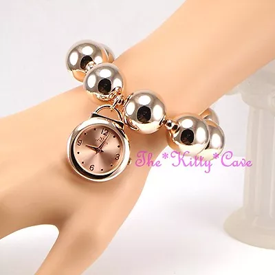 £19.99 • Buy Designer Big Chunky Ball Beads Boho Rose Gold Plated Cuff Bracelet Charm Watch
