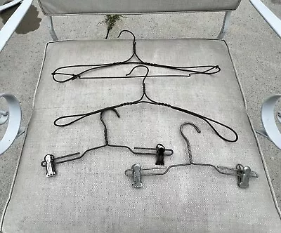 4 Antique Vintage Primitive Wire Hangers With Clamp Clips Clothing Display • $12.99