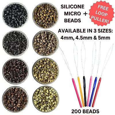 4mm 4.5mm 5mm Silicone Lined Micro Rings 200 Beads Hair Extensions + FREE Puller • £4.49