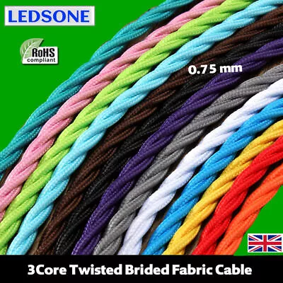 Three Core Twisted Style Coloured TWIST Braided Fabric Cable Lamp Flex • £3.39