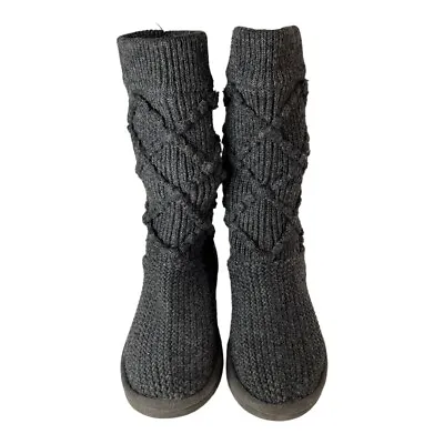 UGG Boots Womens 6 Gray Cable Knit Mid Calf Shearling Argyle Classic Warm Cozy • $35.92