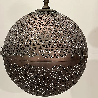 Copper Brass Moroccan Pierced Metal Orb Round Ceiling Light Fixture Pendant Vtg • $150