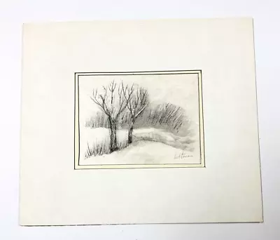 Pencil Sketch Drawing Winter Landscape Trees Matted Signed Holtman 9 1/4W X 10”H • $29.95