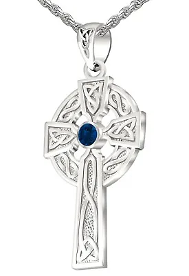 1.5in Men Sterling Silver Celtic Knot Cross Sapphire Birthstone Pendant Necklace • $73.99