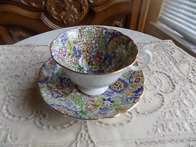 Vintage Radfords Bone China England Footed Cup & Saucer Paisley Chintz Gold Trim • $20