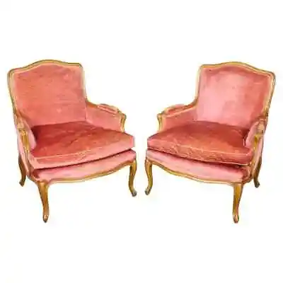 Fine Pair Of Gently Worn Rose Velvet French Walnut Louis XV Bergere Chairs • $2195