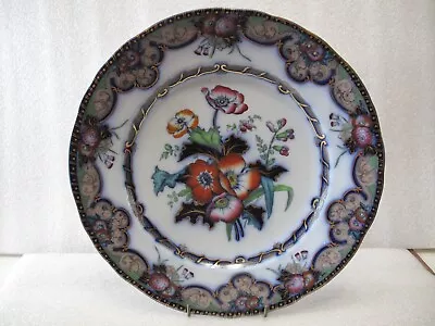 Antique 10.75  Charles Meigh Flow Blue Stonware Gold Trim Poppy Dinner Plate (a) • $99.99