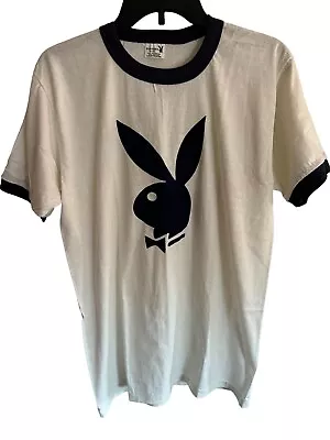 Playboy Magazine Bunny Logo Ringer T-shirt LG Vintage 70s Flocked Velvet • $150