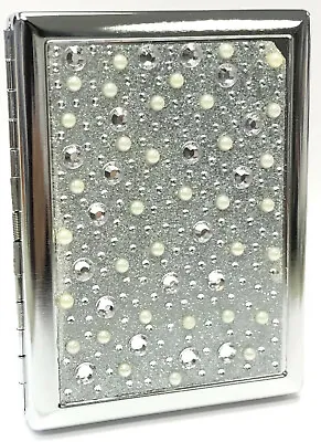 Eclipse Crushproof Metal Bedazzled Cigarette Case White Studs & Pearls 100s • $10.99