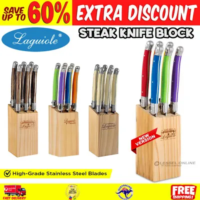 Laguiole Steak Knife Set Stainless Steel Blade With Wooden Knives Block 6pc AU • $46.12