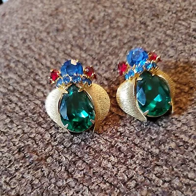 Vintage Pr  Clip On Earrings Bumble Bee Gold Tone  Green  Rhinestones Unsigned • $19.99