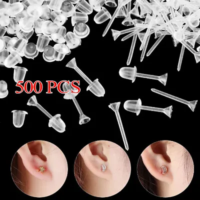 500 Invisible Plastic Earring Pins & Anti-Allergy Rubber Studs Jewellery Retain • £2.89