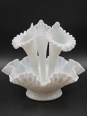 Vintage Fenton Diamond Lace Hobnail Milk Glass 3 Horn Epergne Flower Vase • $74.99