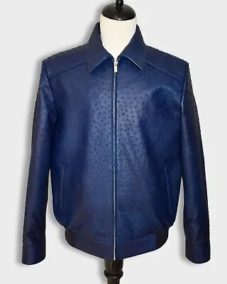 Genuine Ostrich Quill Leather Men's Luxury Navy Blue Custom Jacket • $1895