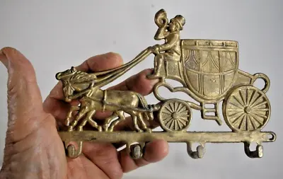 Vintage Original Victorian Horse & Carriage Brass 4 Key Holder Wall Mount 7.5  W • $27.95