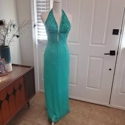 Vintage Scala Silk Gown Size Small Aqua Sequin Beaded Plunge Low Back Prom Party • $99.99