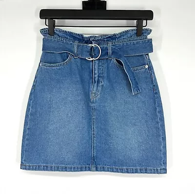 H&M Denim Skirt Womens Size 2 Blue Jean Buckle Belt Lettuce Trim High Waist  • $1.99