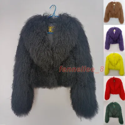 Women's Real Mongolian Lamb Sheep Short Coat Curly Fur Lapel Jacket Warm Outwear • $178.13