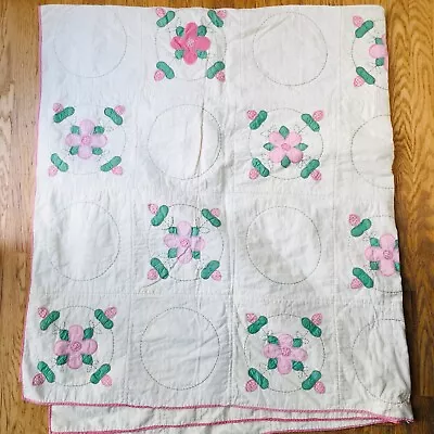 Handmade Pink Floral Vintage Quilted Applique Twin Sized Quilt • $124.95